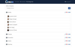 CircleHub categories page: a form for adding a category and a list of categories (Family, Friends, Coworkers, Clients, Gaming) with contact counts and action icons.