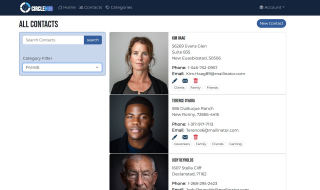 CircleHub contacts list: contact cards with a photo, address, phone, e-mail and category tags, with a search box and a category filter on the left.