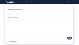 CircleHub e-mail form for a contact: recipient, subject and message body fields with a Send button.
