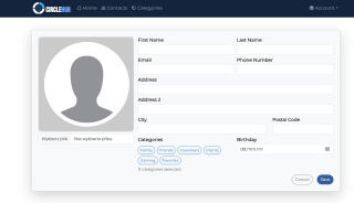 CircleHub new contact form: photo upload, name, e-mail, phone and address fields, category chips and a birthday date picker.