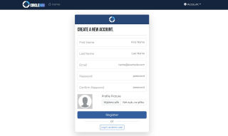 CircleHub registration form: name, e-mail and password fields, profile picture upload, a Register button and a "Log in as demo user" option.
