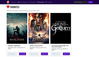 Favorites page: three saved movies with Remove Fav and More Info buttons.