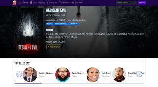 Movie details page: poster, tagline, release date, genres, overview, user score, a Play Trailer button and a carousel of the top billed cast.