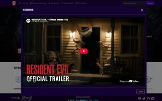 Movie trailer opened in a window over the details page, with an embedded YouTube player.