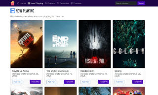 NowPlaying page with movies now in theatres: a grid of posters with title, release date and Add Fav and More Info buttons.
