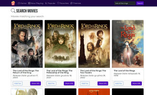 Search results for "lord of the rings": movie cards with posters, titles and release dates.